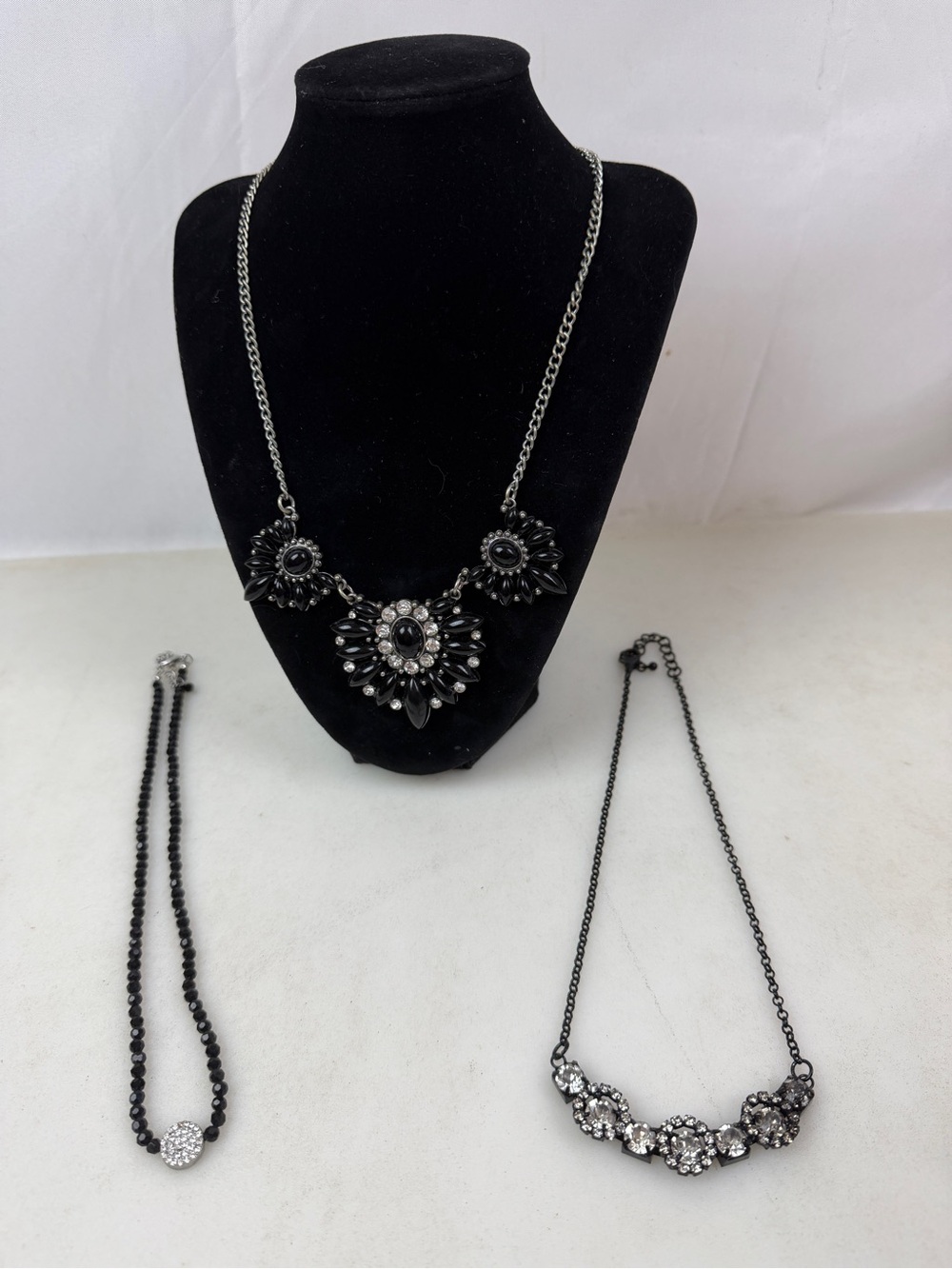 Black Statement Necklace Lot Rhinestone Bib Crystal Beaded Fashion Jewelry 3pc